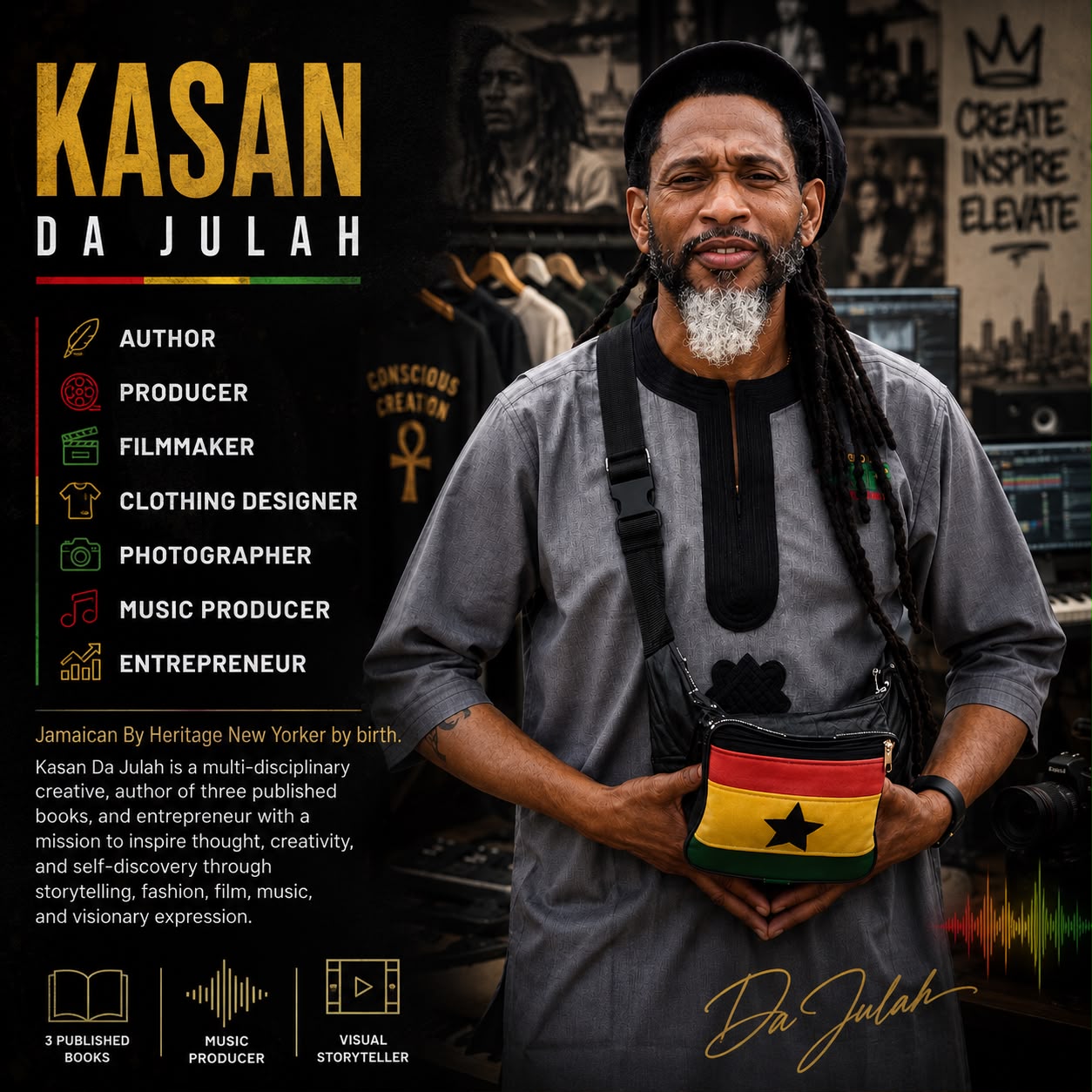 Kasan Da Julah—author, producer, filmmaker, clothing designer, photographer, music producer, and entrepreneur