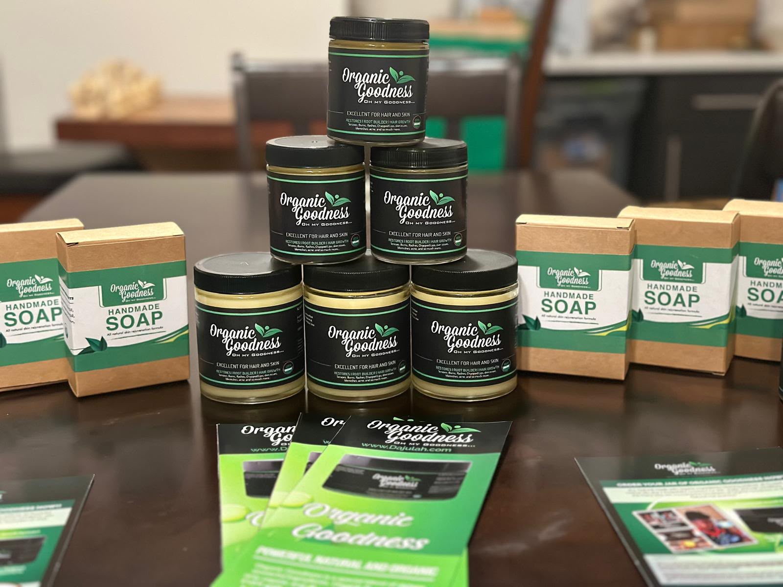 Organic Goodness pomades, soaps and brochures