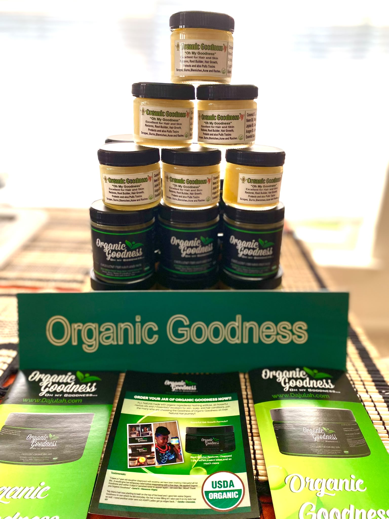 Organic Goodness pomade display with brochures