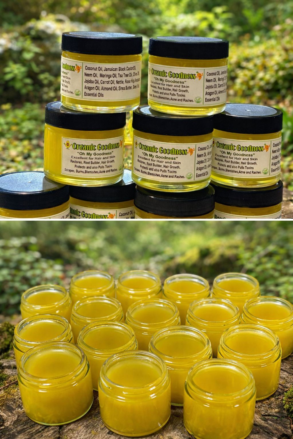 Premium Organic Goodness pomade jars displayed in a natural outdoor setting