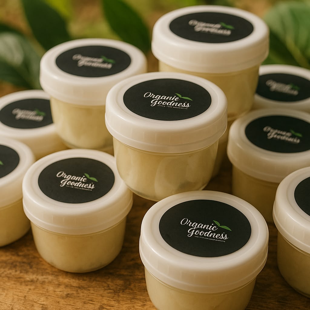 Organic Goodness branded shea butter jars