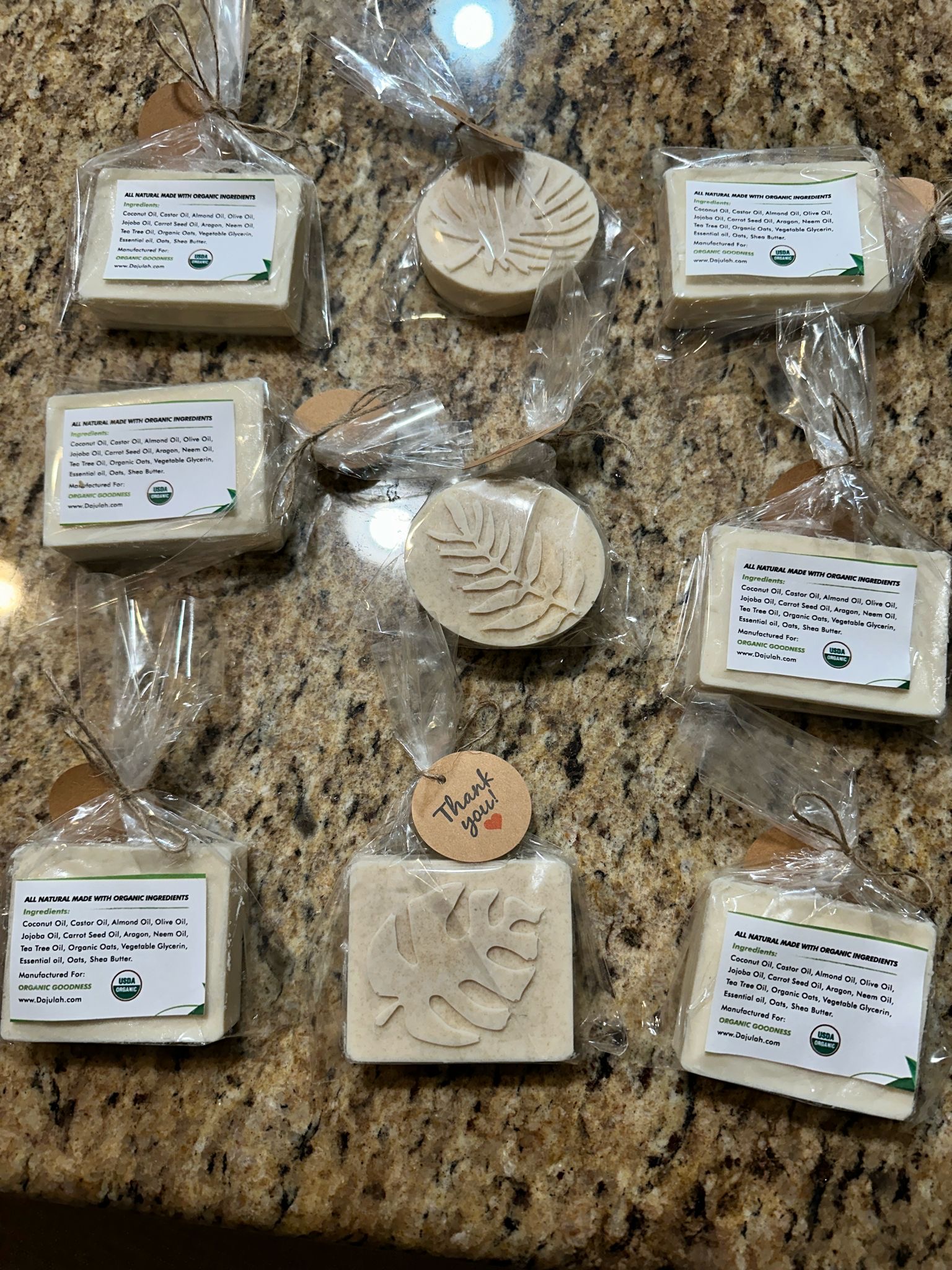 Organic Goodness handmade soaps individually wrapped with ingredient labels